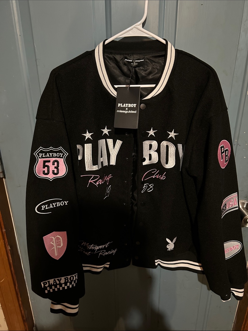 PLAYBOY Black Varsity Jacket with Pink Patch Accents